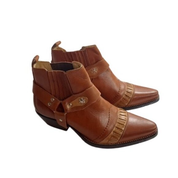 Serra Country Womens Western  Harness Ankle Boots Brown Leather Pointed Toe 8 - Picture 1 of 6